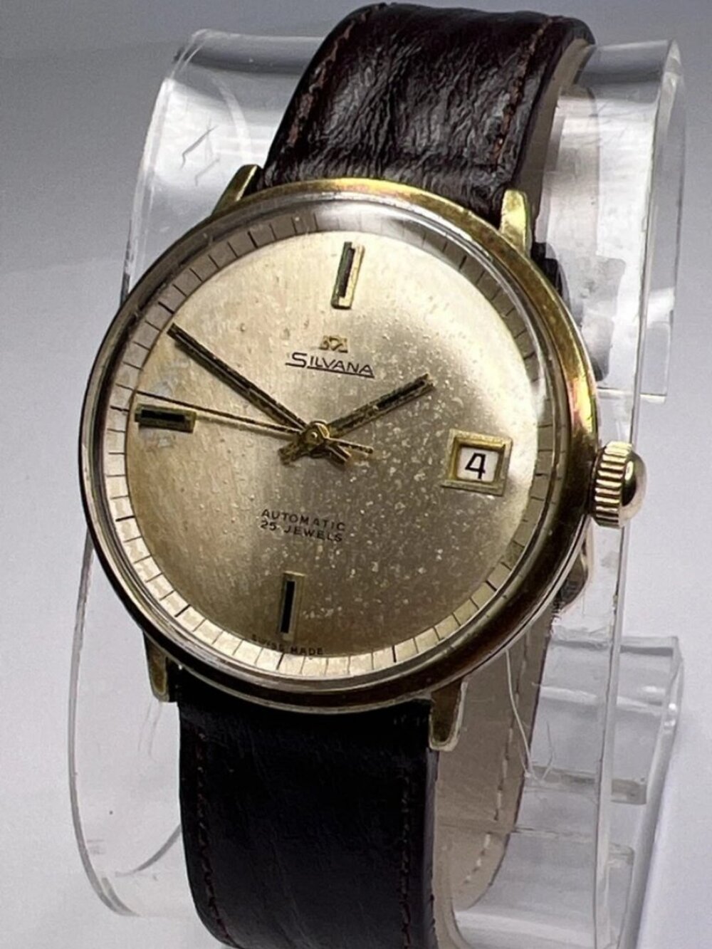 Silvana Swiss Made 34mm Gold Tone Automatic Date Watch w/ Champagne Patina Dial